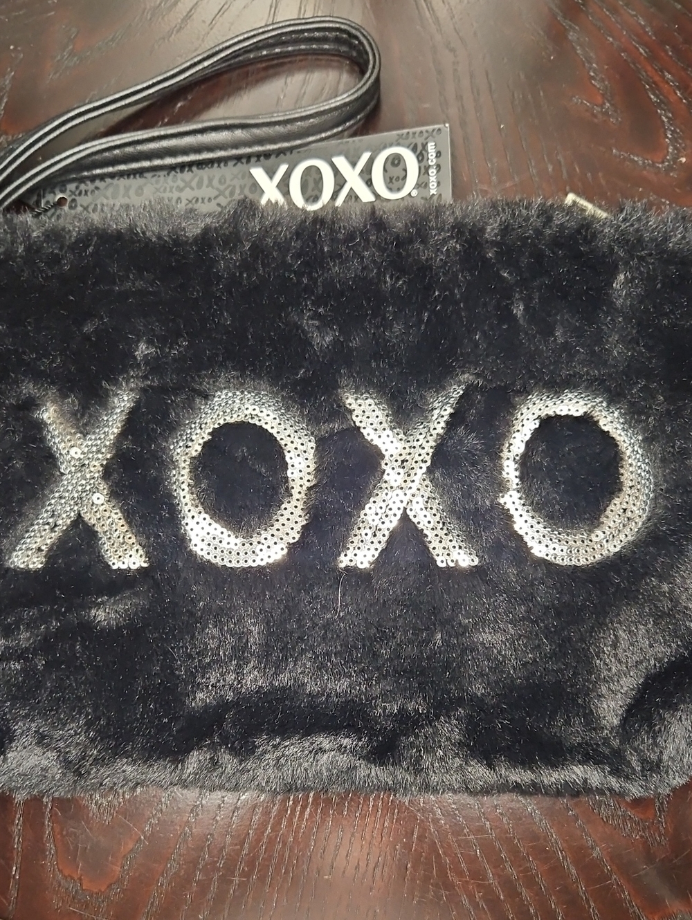 XOXO Black Faux Fur Wristlet Clutch with Silver Sequin Logo NWT